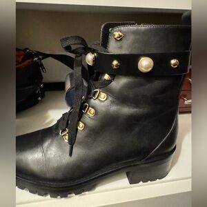 Sperry Black Leather Combat Boots with Gold and Pearl Accents
